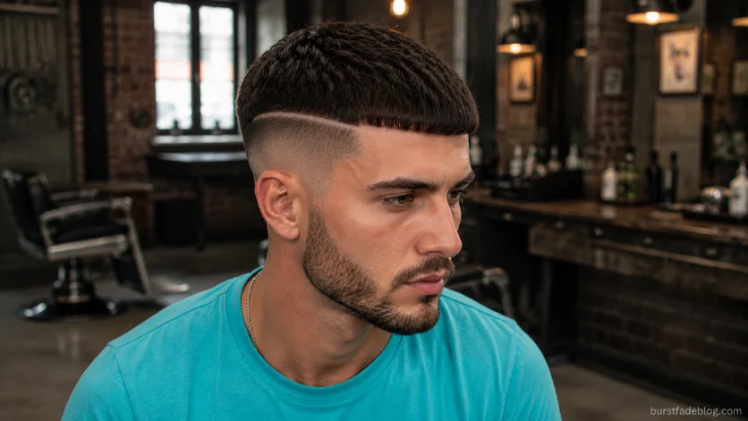 Disconnected Caesar Fade haircut with sharp disconnect line and burst fade sides.