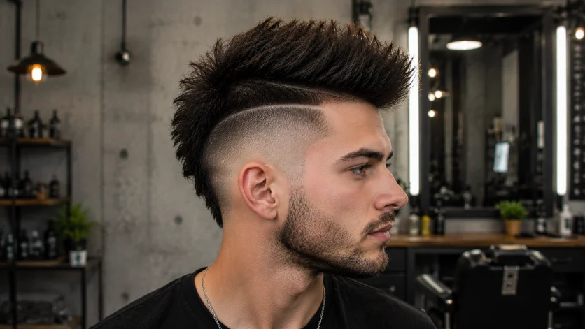 **Alt Text:**
Disconnected Faux Hawk Fade haircut with strong top-to-side separation, sharp burst fade transition, textured volume, and bold modern styling in a contemporary concrete-wall barber studio.
