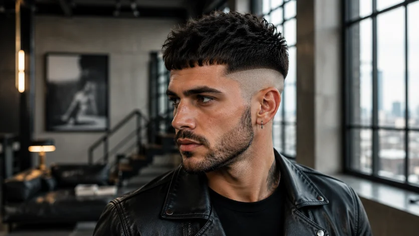 Disconnected French Crop Fade haircut with strong contrast, 