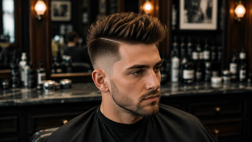 **SEO Optimized Alt Text:**
Disconnected quiff haircut for men with sharp separation between the top and sides, bold volume, and modern barber styling in a luxury barbershop.