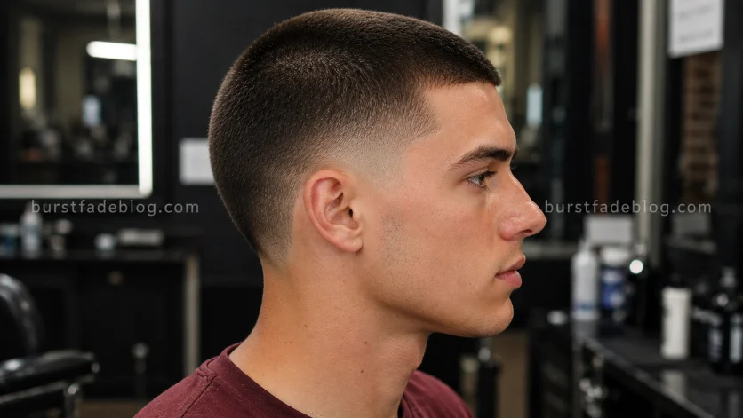  Drop Burst Fade Buzz Cut with a natural drop fade behind the ear, uniform buzzed top, and sharp side profile in a luxury barbershop.