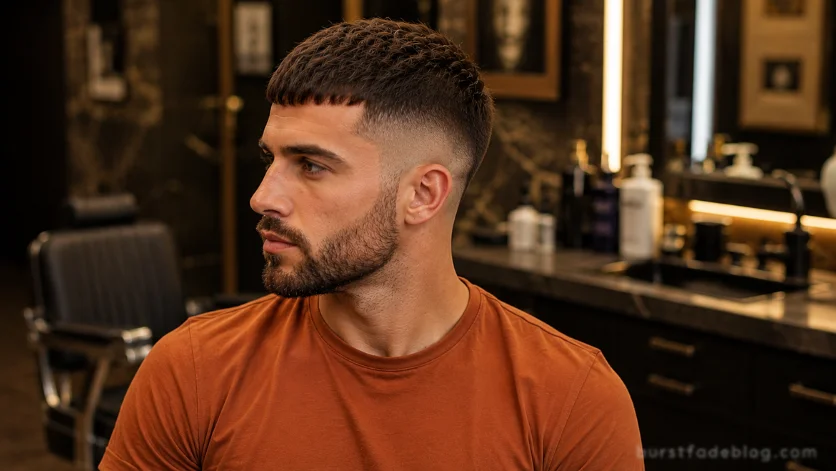 Drop Burst Fade Caesar haircut with a curved fade behind the ear, textured Caesar top, groomed beard, burnt orange t-shirt, luxury barbershop interior.