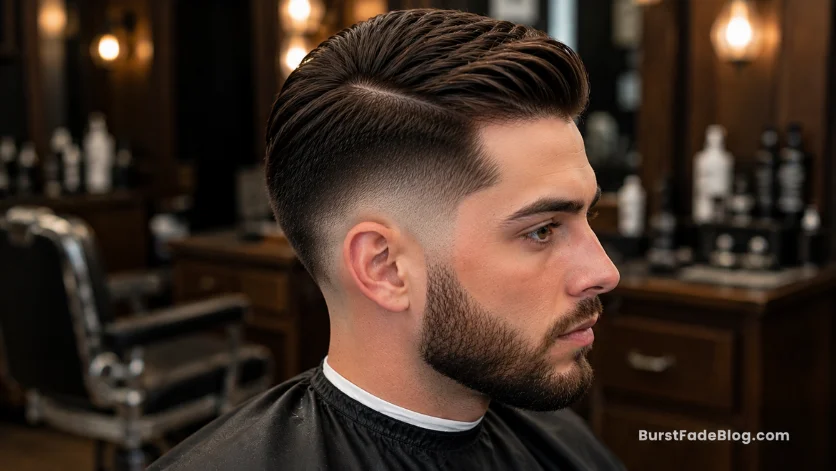 "Drop Burst Fade Comb Over haircut with curved fade and sleek top"