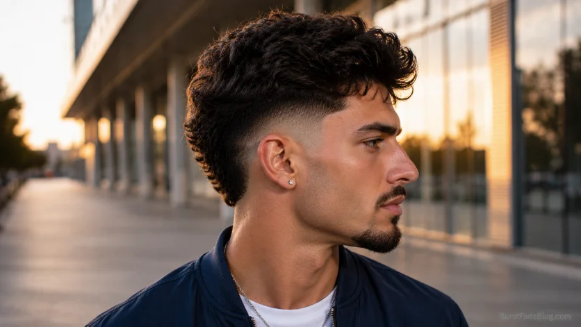 Drop Burst Fade haircut with curved fade behind the ear, textured top, and clean modern men's hairstyle in side profile.