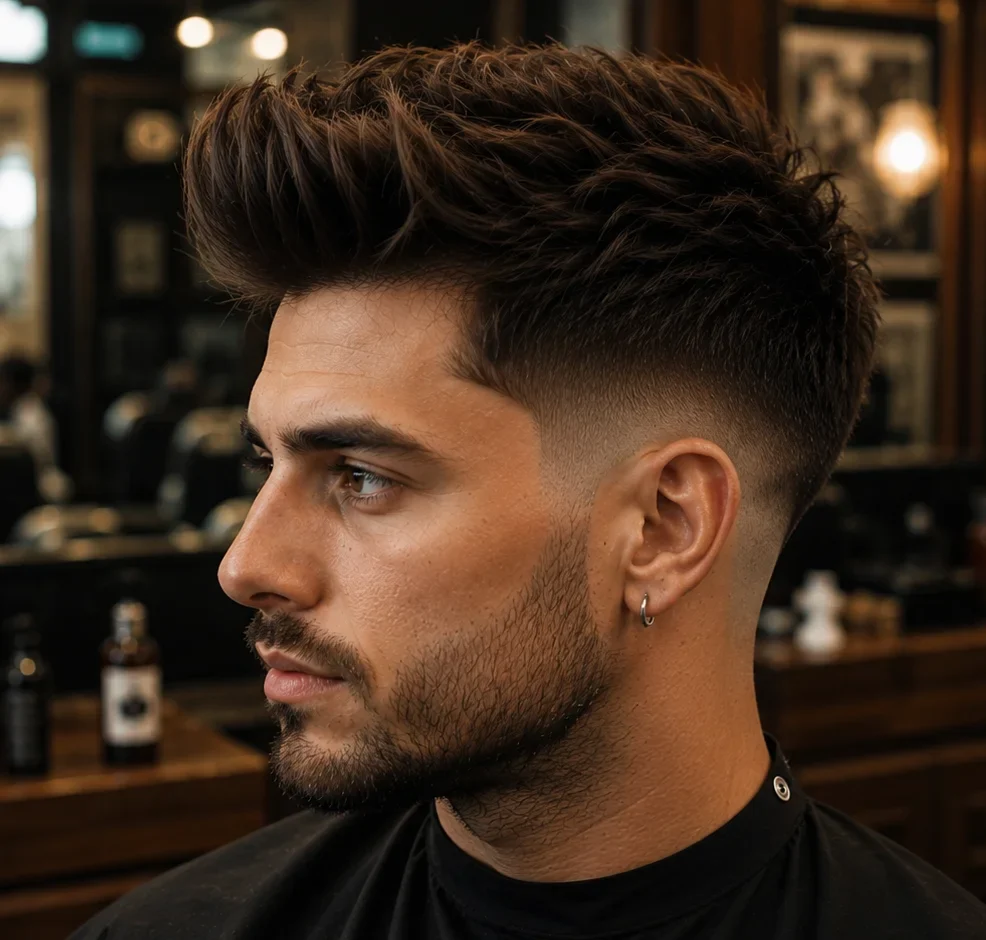 Drop fade quiff haircut for men with textured volume on top, fade dropping behind the ears, and a sharp modern barber finish.