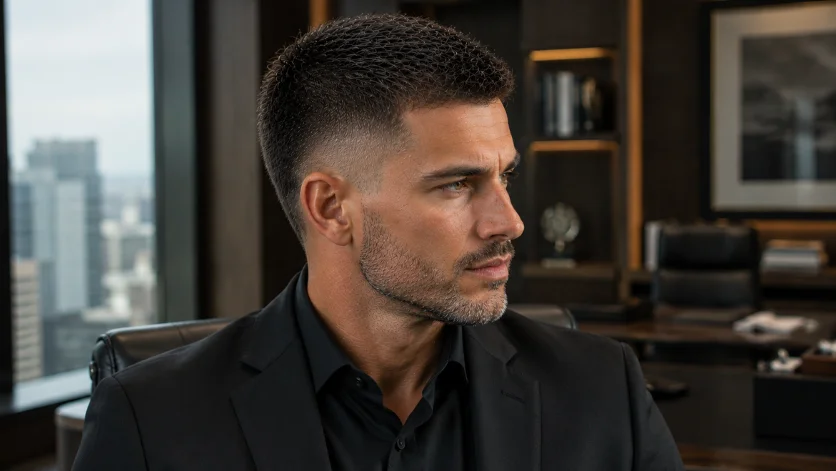 Executive Burst Fade Crew Cut with a refined low burst fade and perfectly groomed crew cut top.