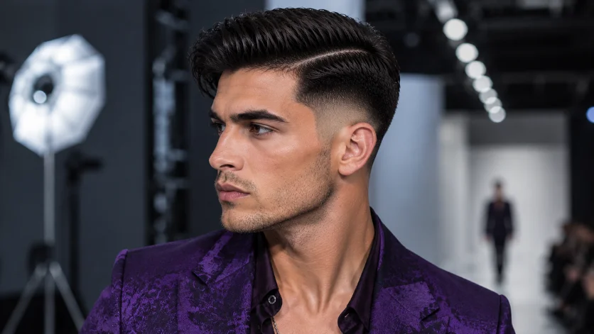 Fashion model burst fade side part haircut with runway-ready styling, designer purple jacket, and high-end fashion studio background.