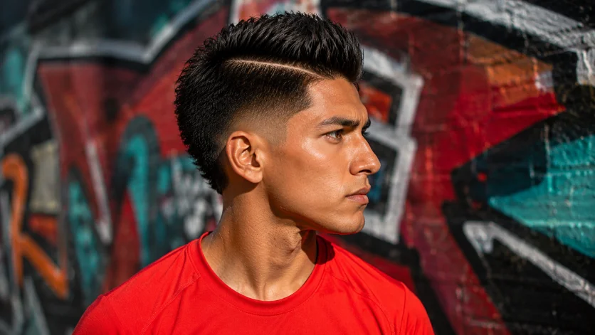 Faux Hawk Burst Fade Hard Part haircut with textured raised center strip, sharp hard part line, clean burst fade, and colorful urban graffiti wall background.