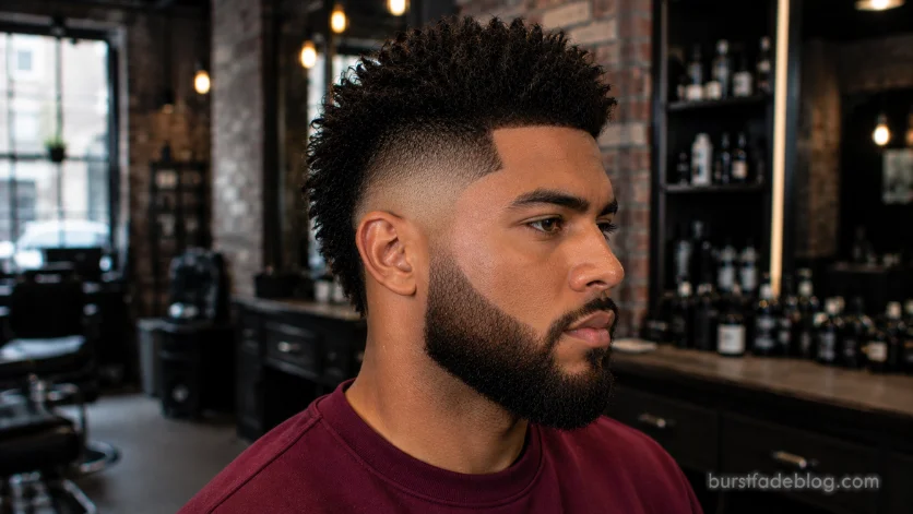 Faux hawk burst fade with full beard on mixed-race man.