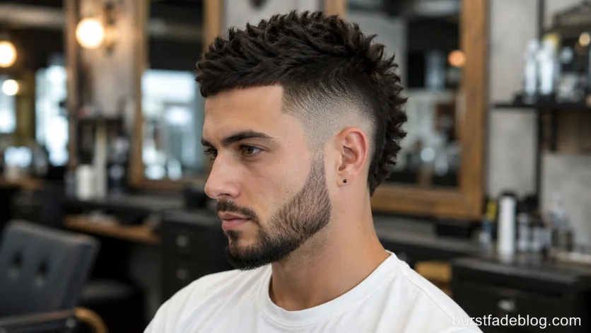 Stylish Faux Hawk Burst Fade haircut featuring a textured faux hawk top, 