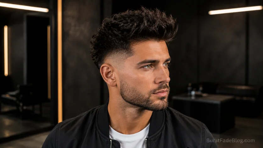 Faux hawk wavy burst fade with bold textured volume.