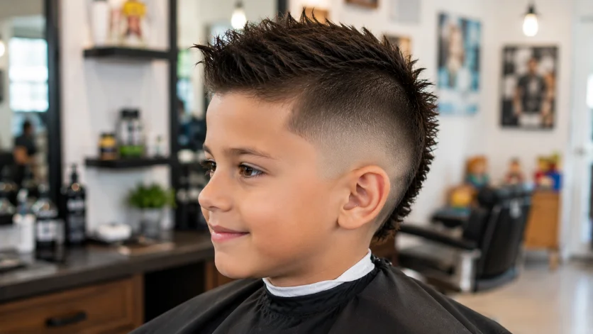 Kids Burst Fade Faux Hawk haircut with a neat textured top and clean fade in a family barbershop.