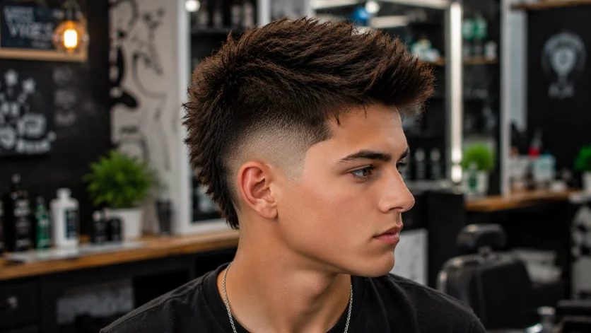 **Alt Text:**
Teen Burst Fade Faux Hawk haircut with youthful textured styling, clean burst fade, and a trendy modern look in a contemporary youth barber shop.
