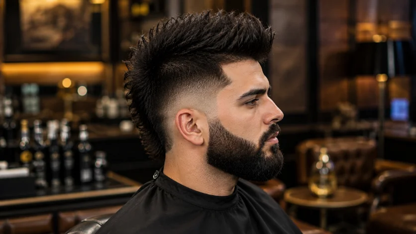 Faux Hawk with Beard haircut featuring a textured top, burst fade, and seamless beard transition.