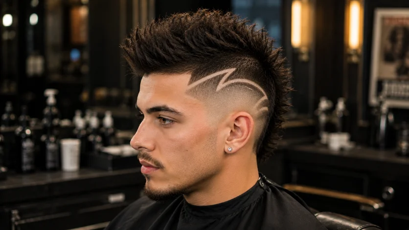 Faux Hawk with Hair Design haircut featuring a creative shaved pattern, textured top, and burst fade.