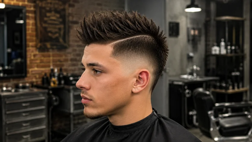 Faux Hawk with Hard Part haircut featuring a sharp shaved line, textured top, and burst fade.