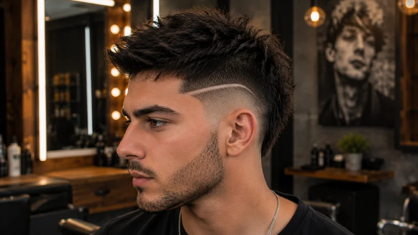 **Alt Text:**
Faux Hawk with Razor Line haircut featuring a precise shaved razor design, textured faux hawk top, clean burst fade, and bold modern styling in a premium artistic barber shop.
