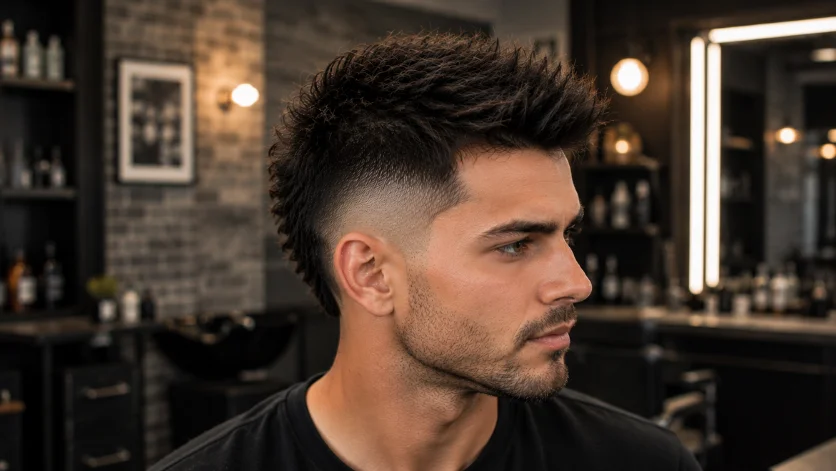 **Alt Text:**
Faux Hawk with Stubble Beard featuring a textured top, clean burst fade, light stubble beard, and modern masculine styling in a contemporary grooming studio.

