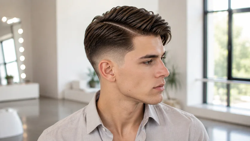Fine hair burst fade side part haircut for men with lightweight volume and a refined side part in a bright modern studio.