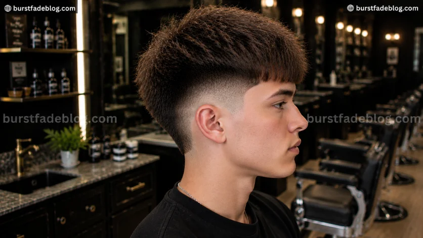 Fluffy Burst Fade Edgar haircut with airy textured volume and clean fade, right-side profile