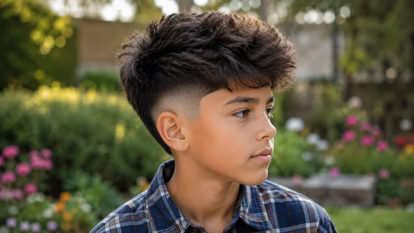 Fluffy burst fade haircut for kids with thick textured hair and a clean fade around the ears.