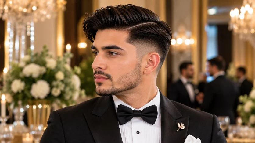 Formal event burst fade side part haircut with polished styling, black tuxedo, and luxury ballroom background.