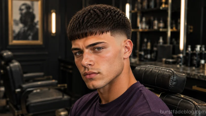 French Crop Burst Fade Fringe haircut with blunt textured fringe and clean burst fade.