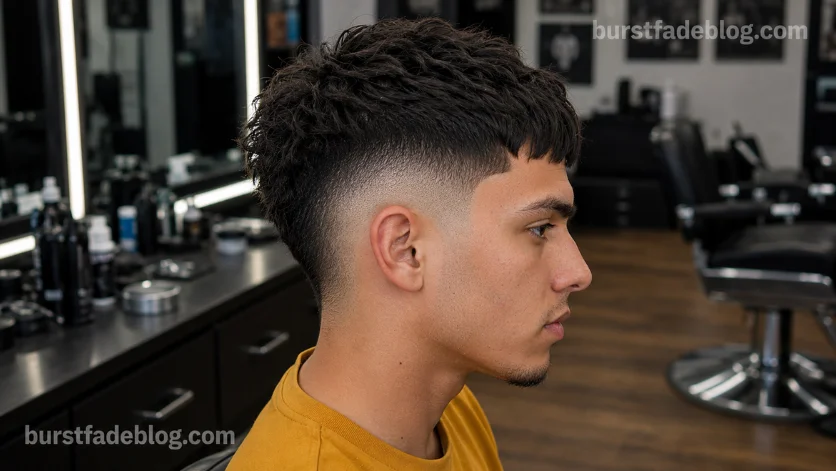  French Crop Burst Fade Taper haircut with a short fringe, textured crop top, 