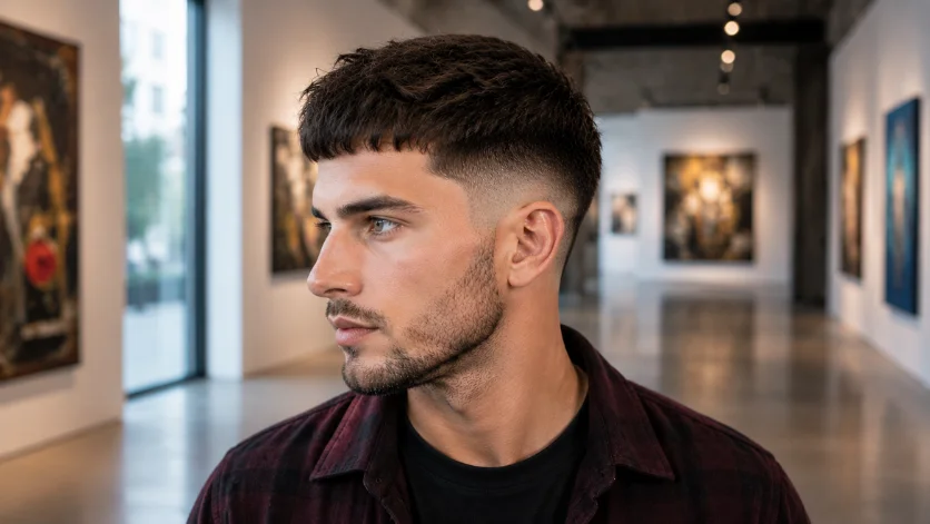  French crop burst fade undercut with textured fringe
