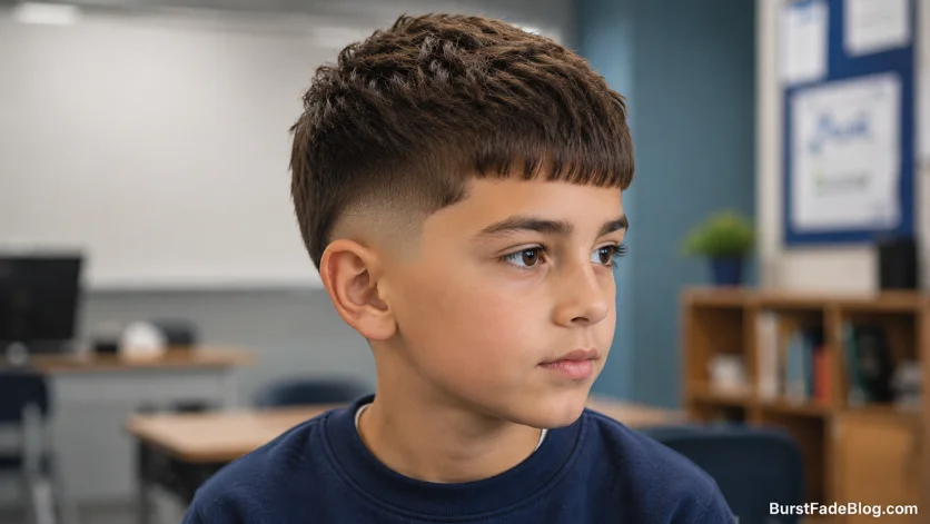 French crop burst fade haircut for kids with a textured top and straight fringe.