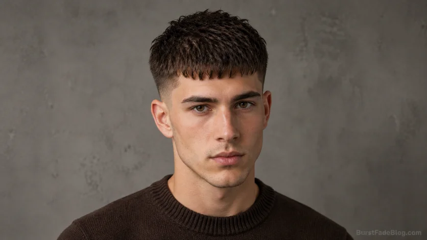 French crop burst fade haircut with a short straight fringe, textured crop top, and clean fade in a minimalist studio setting.