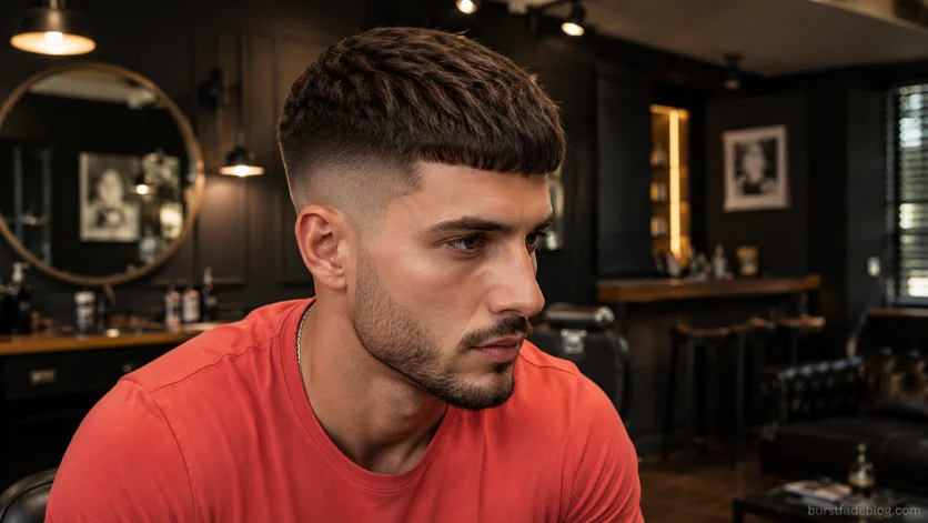 French Crop Caesar Fade haircut with textured fringe and burst fade in upscale barbershop.