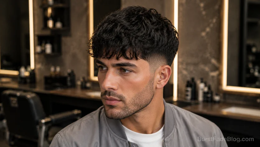  French crop wavy burst fade with textured fringe.
