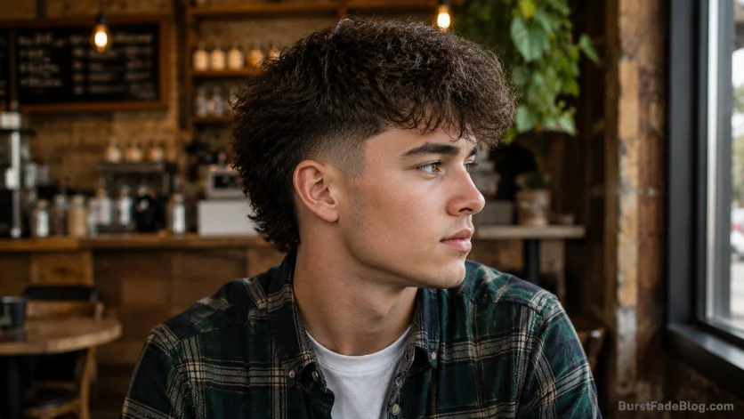 Grown out burst fade haircut with natural texture, soft fade transition, and balanced shape in a rustic coffee shop setting.