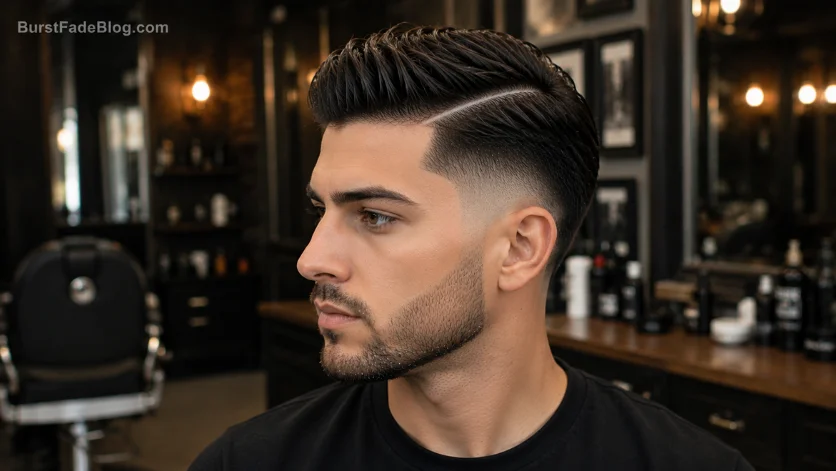 "Hard Part Burst Fade Comb Over haircut with defined part line and clean fade."