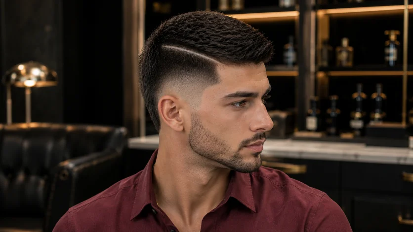 Hard Part Burst Fade Crew Cut with a defined hard part line and sharp burst fade.