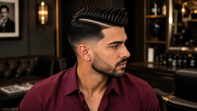 Hard part burst fade side part haircut for men with a razor-defined part and precise burst fade in a luxury grooming lounge.