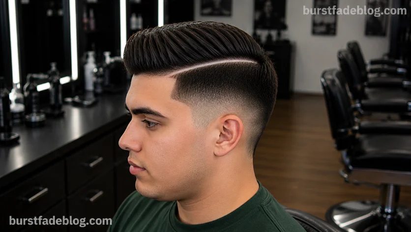 Hard Part Burst Fade Taper haircut with a razor-defined part line, 