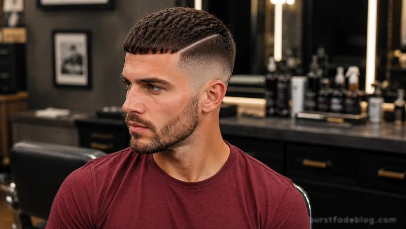 Hard Part Caesar Fade haircut with a sharp hard part line, textured Caesar crop, clean burst fade, dark red t-shirt, elegant barber studio background.
