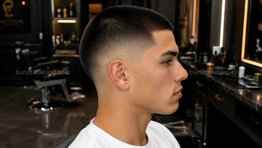 High Burst Fade Buzz Cut haircut with a dramatic high fade wrapping around the ears