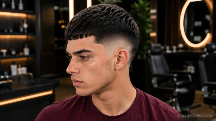 High Burst Fade Caesar haircut with sharp edge-up and dramatic fade transition.