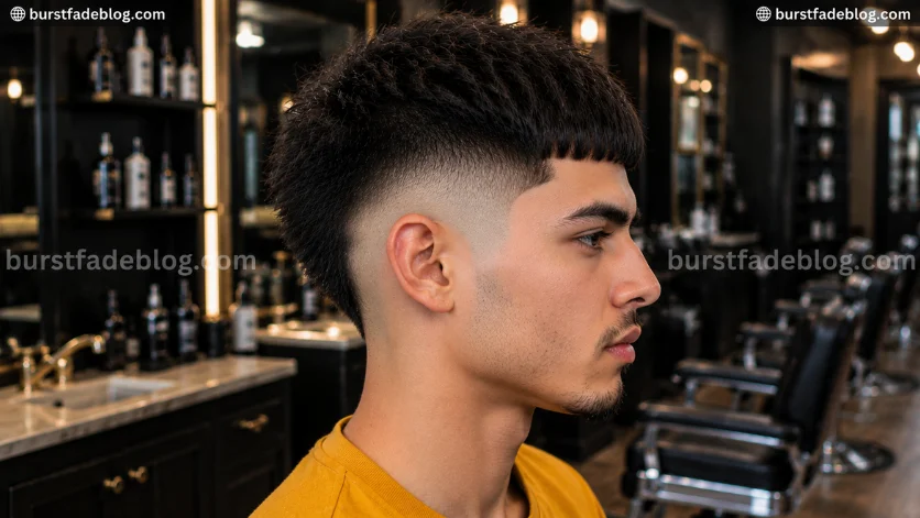 High Burst Fade Edgar haircut with sharp fringe and dramatic high fade