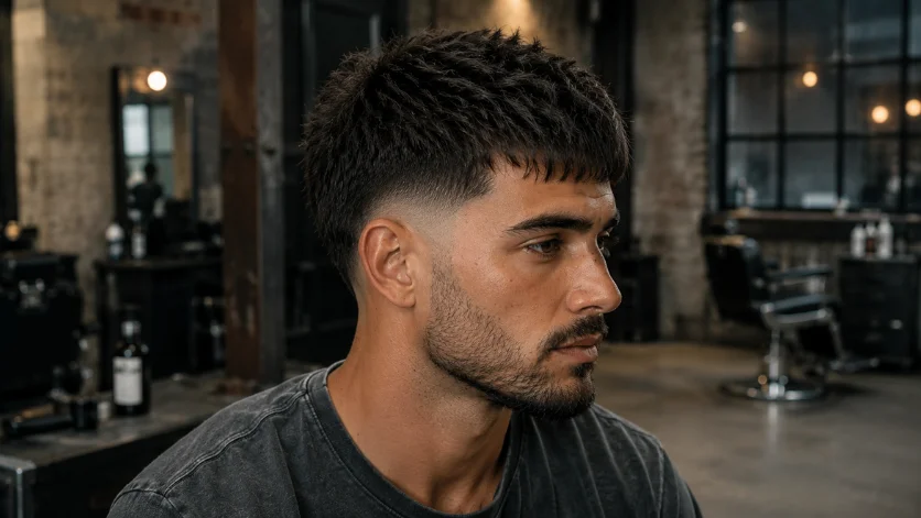 High Burst Fade French Crop haircut with bold textured top and sharp fade, 