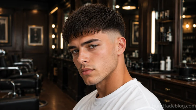 High Burst Fade Fringe haircut with textured fringe and bold high burst fade.
