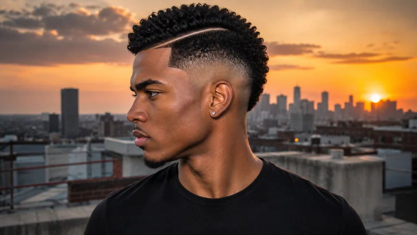 High Burst Fade Hard Part haircut with bold hard part and high skin fade.