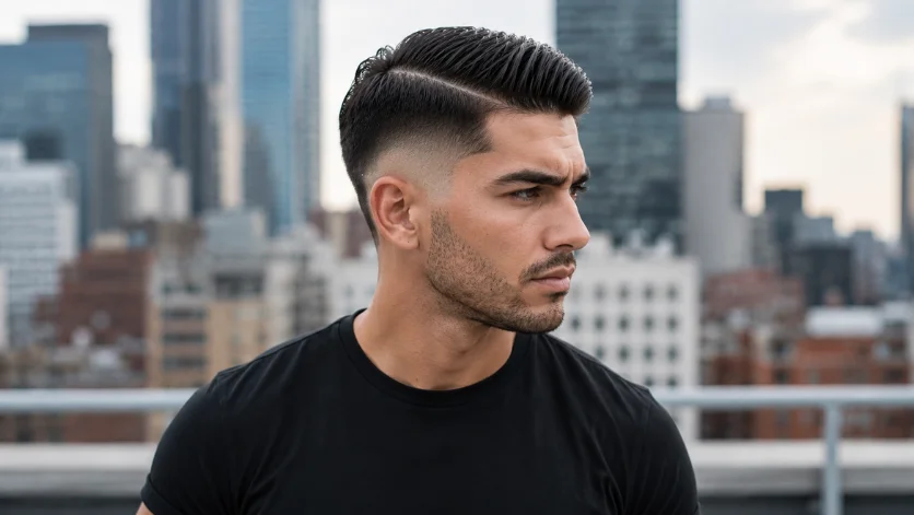 High burst fade side part haircut on modern man in black t-shirt, sharp men's hairstyle with urban rooftop background.

