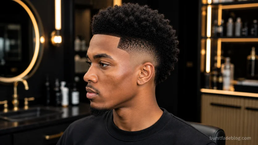 Temple Burst Fade for Black men with a curly top, crisp line up, and clean temple-to-burst fade blend.
