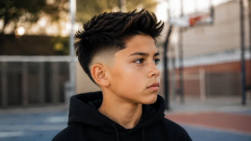 High burst fade haircut for kids with a styled top and sharp fade on the sides.
