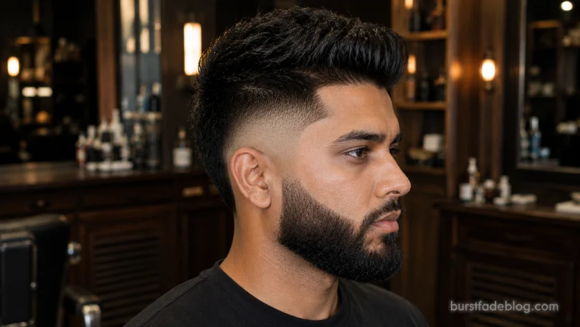 High burst fade with full beard on South Asian man.