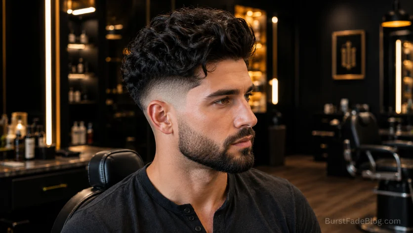 High burst fade with thick textured wavy top.